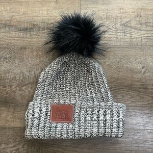 Love Your Melon Beanie Cuffed Style Black and white Black Puff Ball